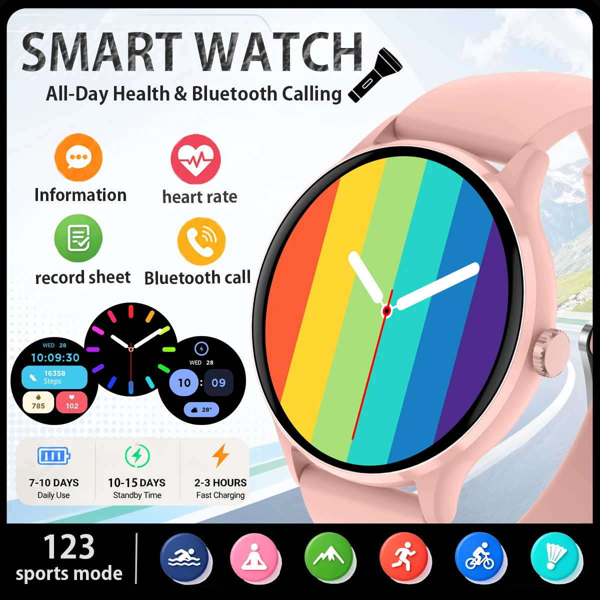 Outdoors Sports Smart Watc:Bluetooth Calls Exercise Record Flashlight Information Reminder Split-screen Function Smartwatch 2026