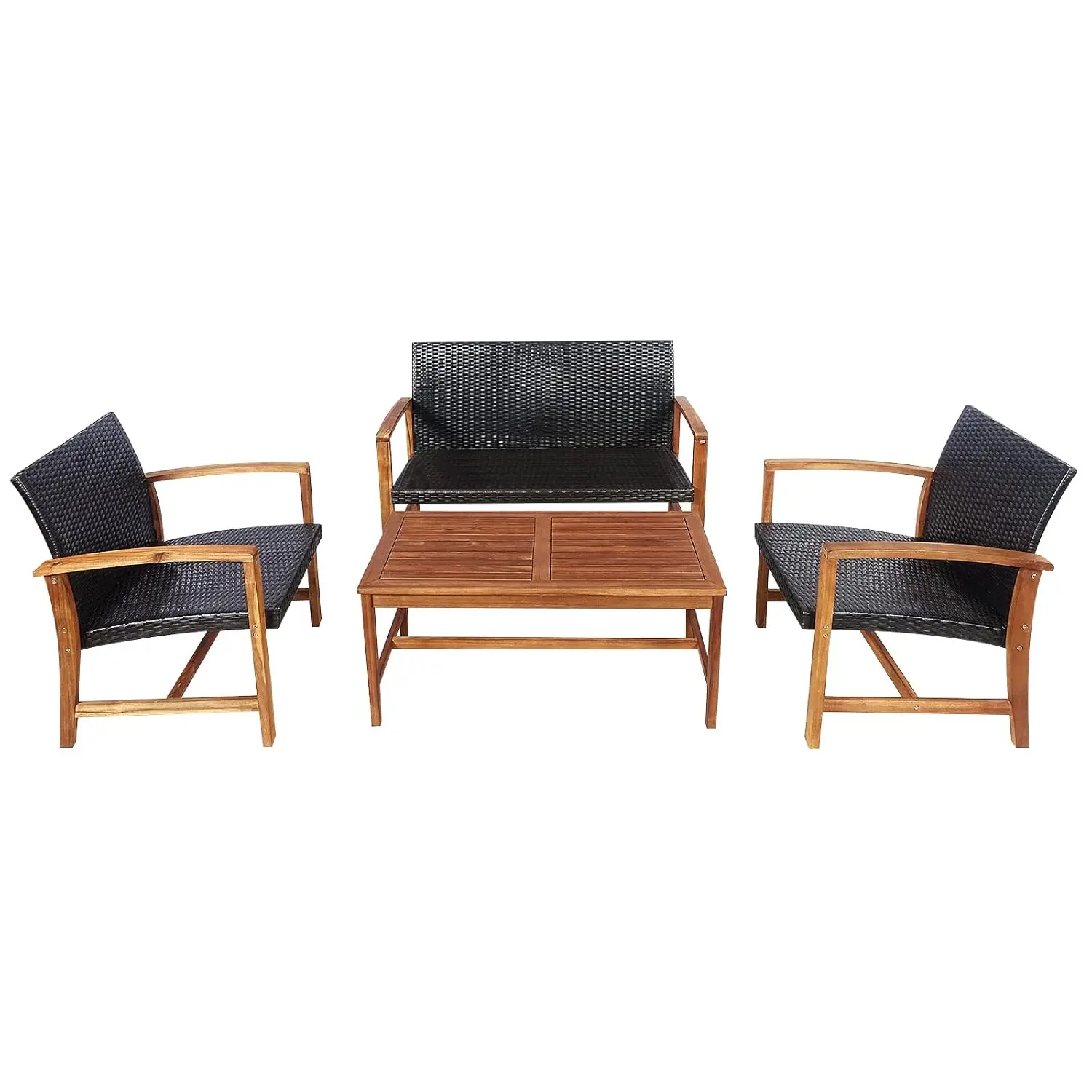 

4 Piece Acacia Wood PE Wicker Patio Conversation Set Loveseat Armchairs Coffee Table Poolside Backyard Deck Customized