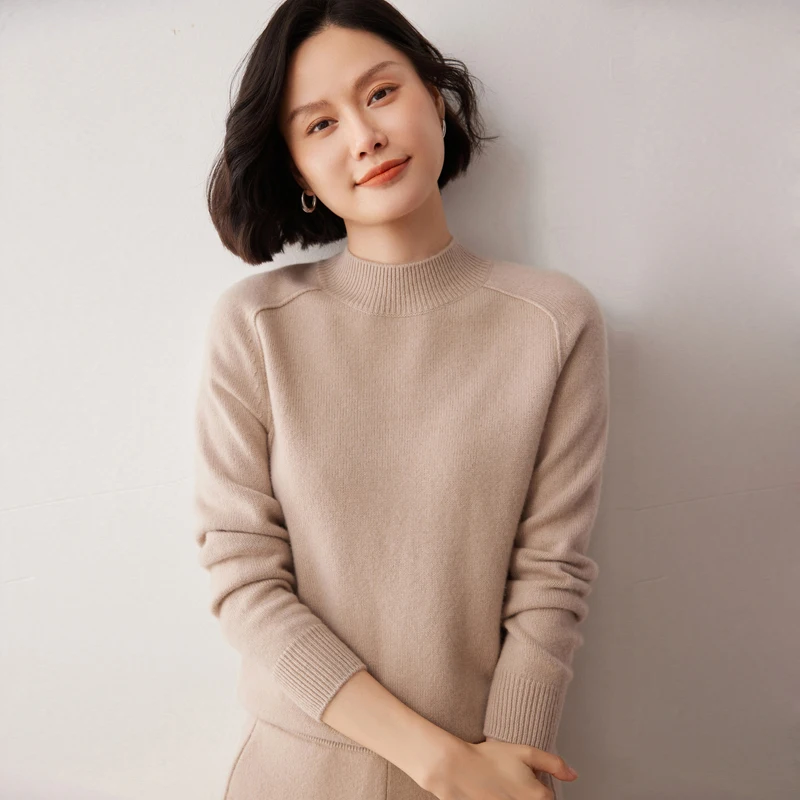 

Autumn and Winter New Women's 100% Pure Cashmere Half High Collar Pullover Knitted Solid Color Hot Selling Women's Top