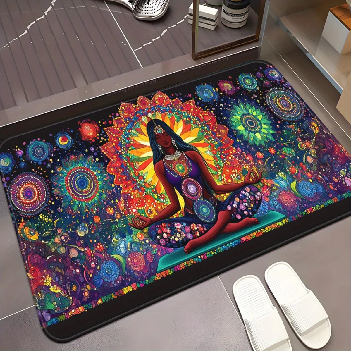 yoga woman mandala colorful spiritual meditation doormat bohemian art vibrant design home decor anti slip floor mat