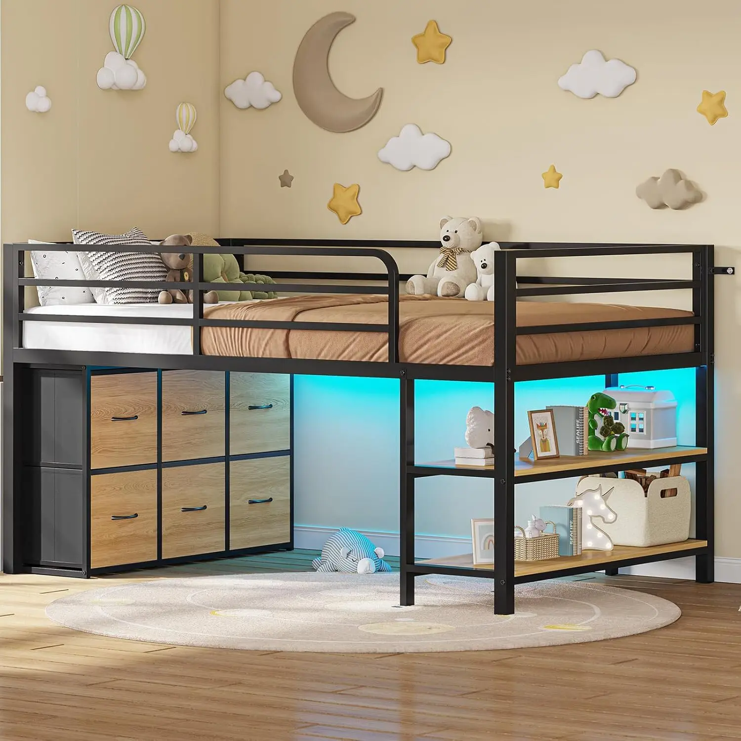 BTHFST Cajones bajos de tamaño individual de 15 pulgadas, luz LED, estante de almacenamiento de 2 niveles, cama alta de metal para niños con 6 escaleras altas de seguridad