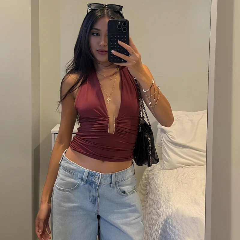 MUJER 2025 Halter Crop Top Women Sexy Ruched Backless Tops for Women off Shoulder Summer Tops Woman Camisole Beach Top Female