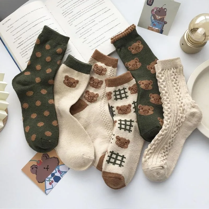 6 Pair Cute Cotton Socks Kawaii Bear Ankle Socks Preppy Ruffle Socks for Women Japanese Thick Fall Vintage Crew Socks