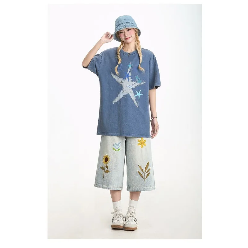 Women's Light Wash Denim Wide-Leg Capris - Floral Embroidery Casual Cropped Jeans