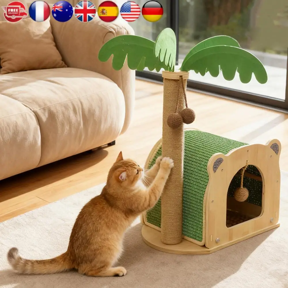 

Деревянная лежанка-когтеточка для кошек в виде кокосовой пальмы с подвесными шариками, игрушка-когтеточка для домашних кошек и котят