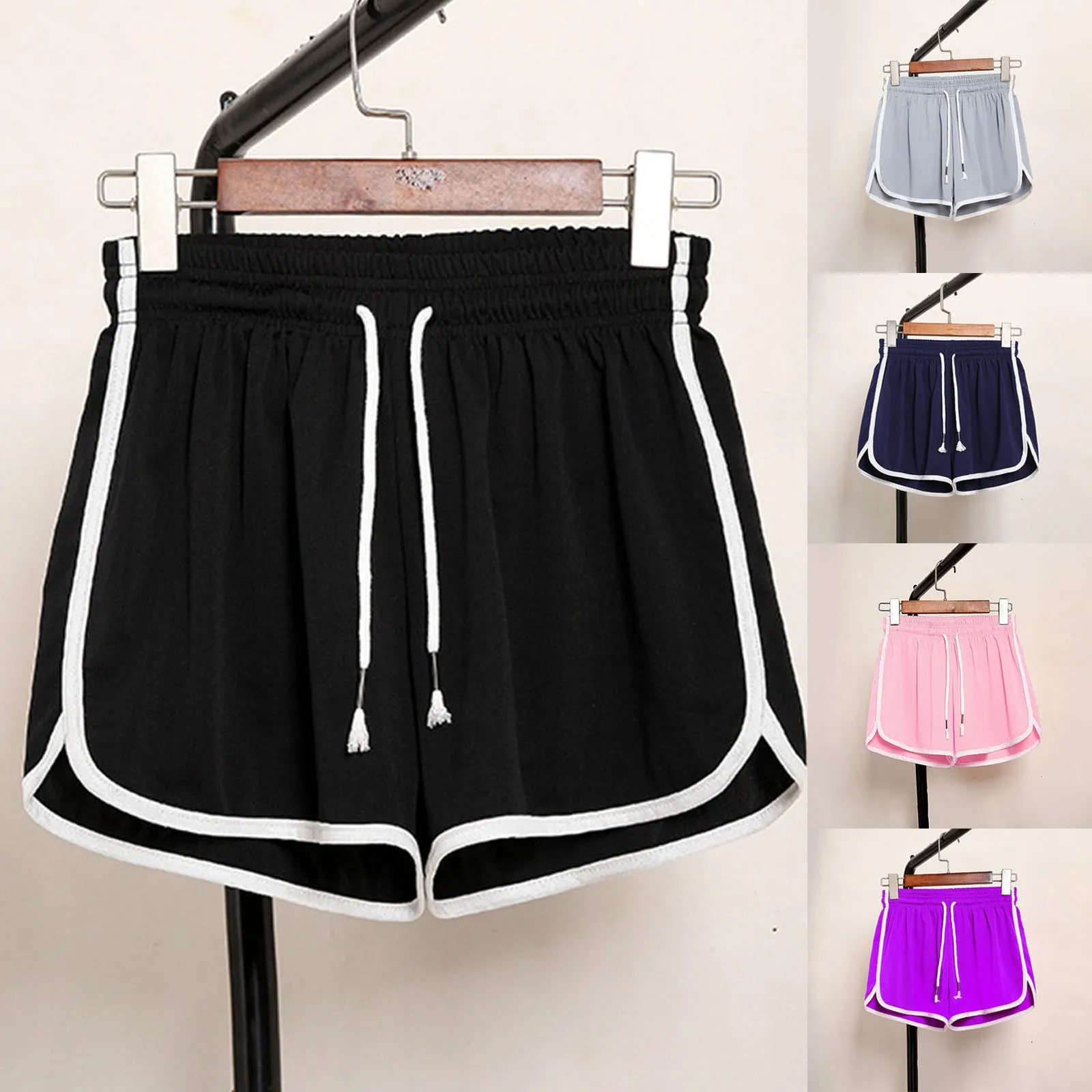 Shorts soltos com cordão feminino, bloqueio de cores, renda, elástico na cintura, bolso, confortável, casual, feminino, tamanho grande, verão