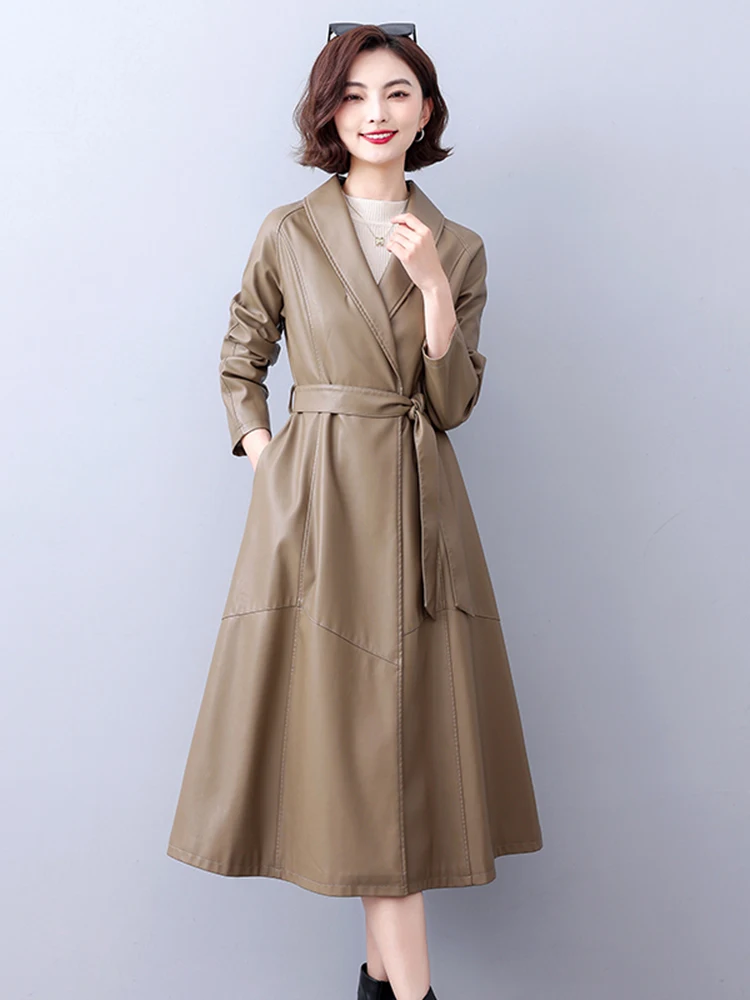 2025 Spring Autumn New Sle Haifeng Genuine Leather Jaet Women's Mid-Length Korean Version Slim-Fit Belted Windbreaker e...