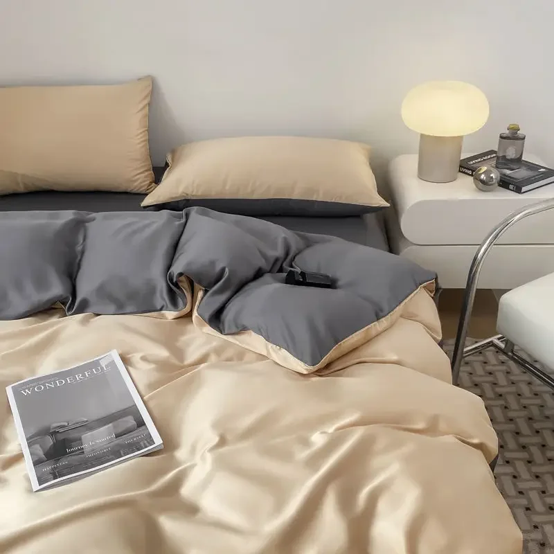 

Summer Bedding Set Luxury Ice Silk Four Piece Set, Washed Silk Bed Sheet and Quilt Cover Set Summer Cool Feeling Soft Smooth