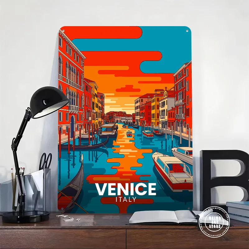 Venice Italy: Colorful Canal Travel Tinplate Poster Custom Wall Art Vintage Metal Signs Retro Tin Plaque for Home Decorations