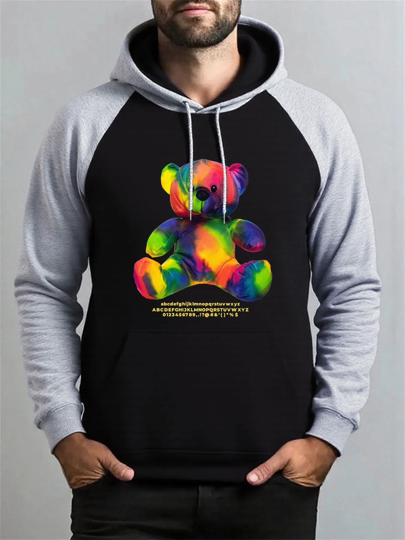 

Thermal Imaging Bear Print Raglan Hoody Men Hip Hop Fleece Hoodies Fashion Loose Clothes Vintage Pocket Casual Sportswear