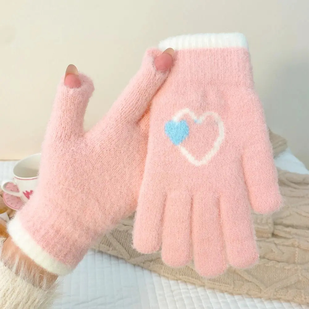 Cute Heart Gloves Finger exposed Comfortable Warm Gloves Thickened Warm Full Finger Gloves Winter
