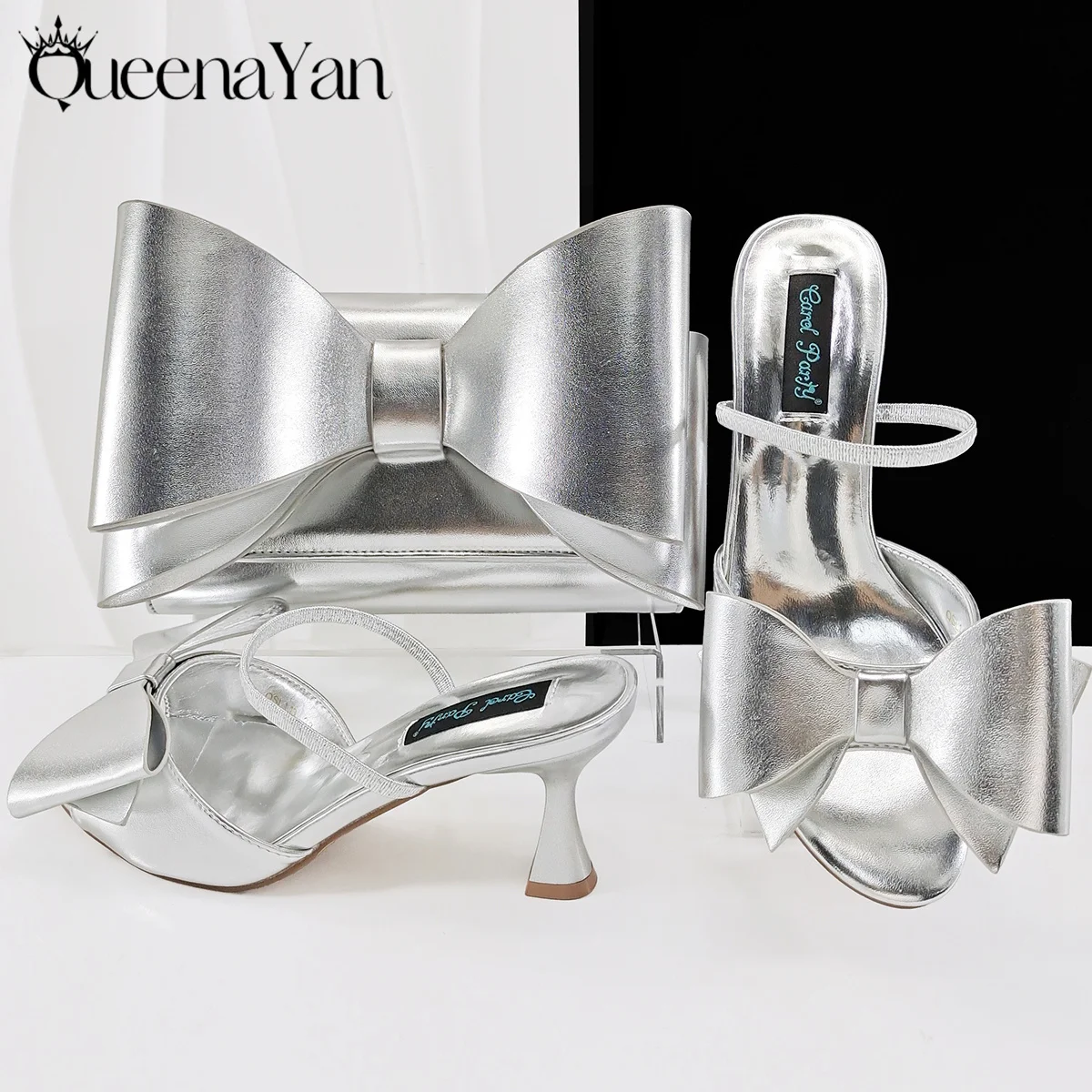

Queena Yan 2025 Summer New Specials Italian Design Shoes and Bag Set Silver Color Comfortable Women Heels With Rhinestone
