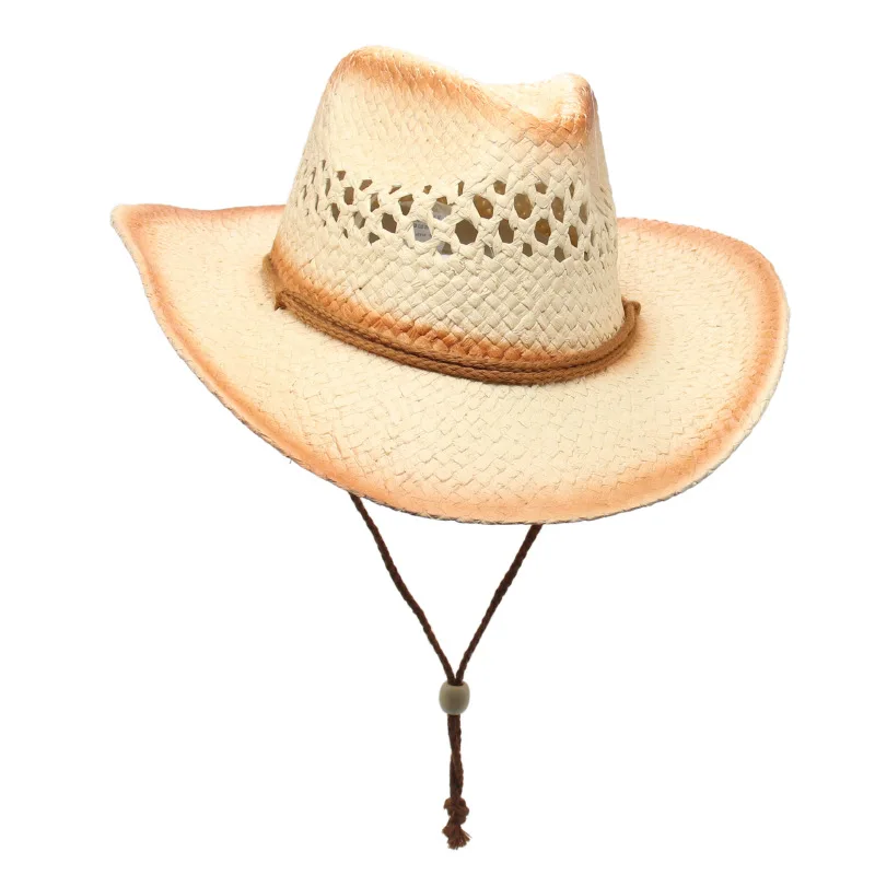 Hollow Craft Vintage Straw Cowboy Hat Men Women Spring Summer Travel Beach Seaside Wind Proof Rope Top Hat Brim-creased Hat