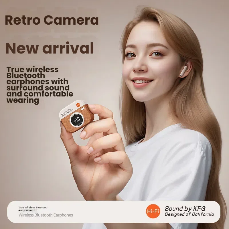 Retro Camera TWS Bluetooth Earphones LED Digital Display HiFi Stereo Wireless Earbuds Noise Reduction Low Latency Sports Headset