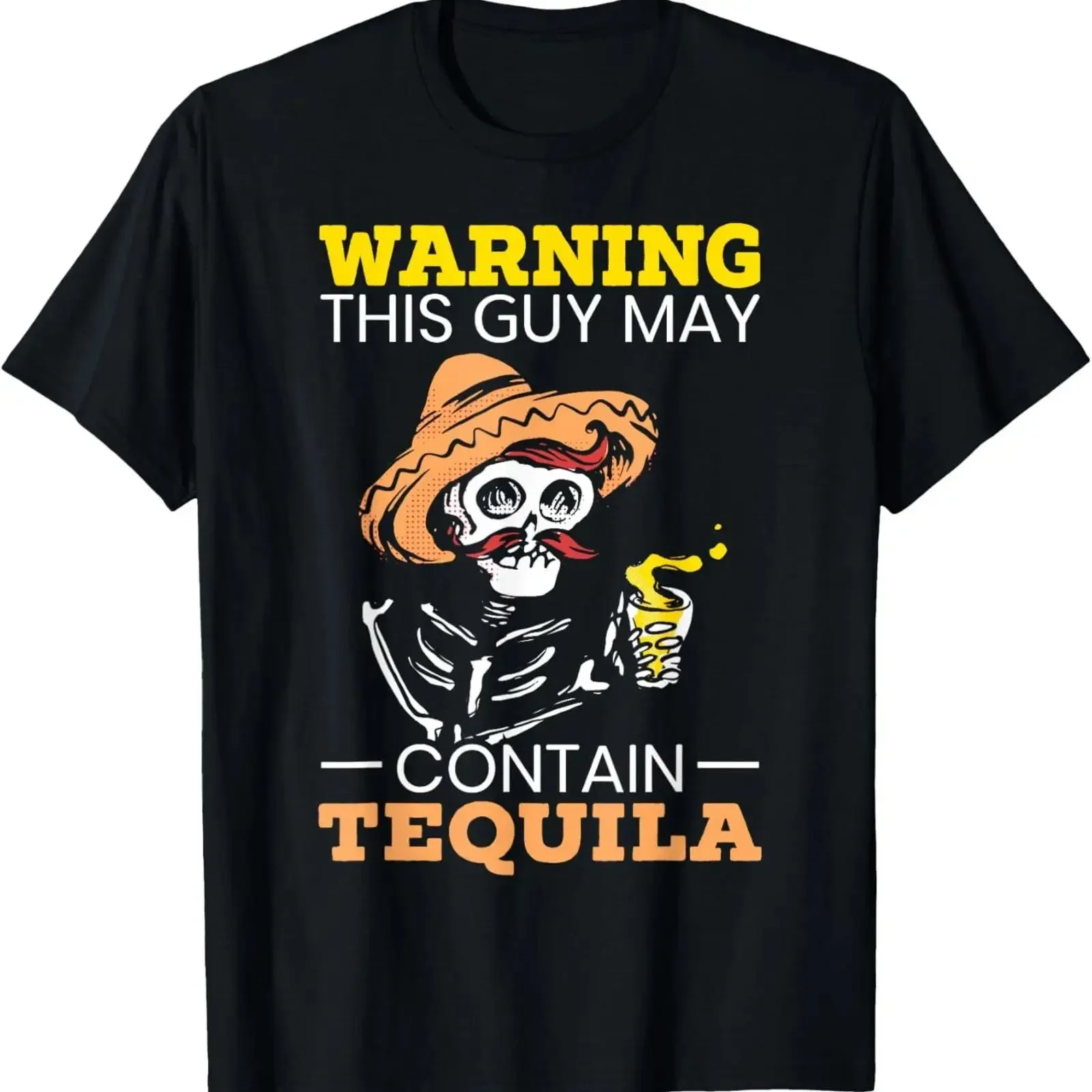 NOUVEAU T-shirt unisexe décontracté vintage délavé « Attention, ce type peut contenir de la tequila » avec motif squelette de buveur pour homme