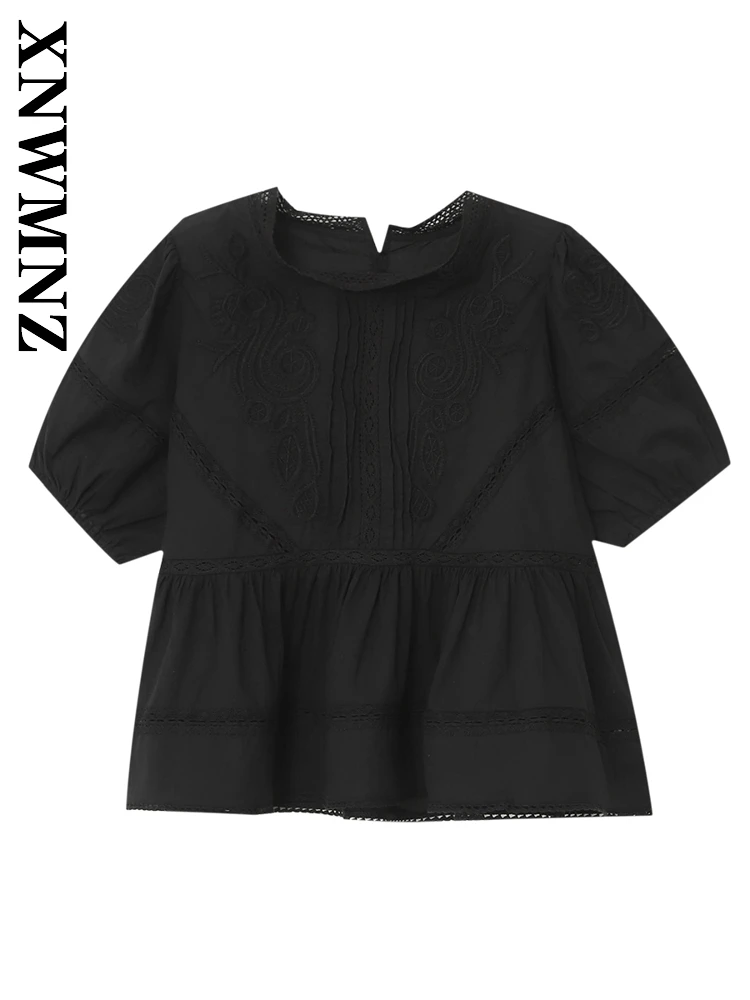 

XNWMNZ 2025 Summer New Woman Commuting Fashion Short Sleeve O-Collar embroidery Blouses Casual Women Clothing Shirt Chic Top
