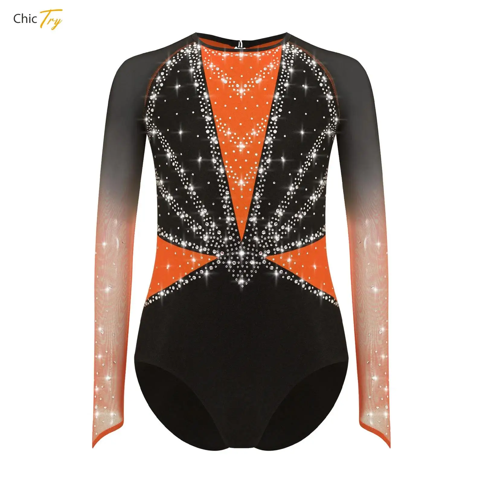 

Kids Girls Long Sleeve Rhinestones Gymnastics Dance Leotard Sheer Mesh Figure Skating Ballet Jersey Unitards Bodysuit Costumes
