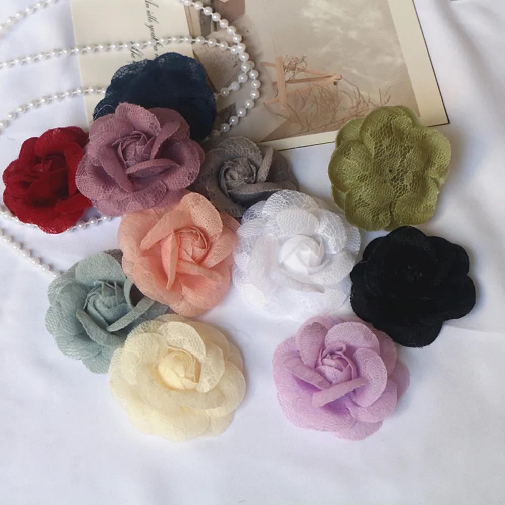 5PCS 5,5 CM Handgemachte Spitze Stoff Kamelie Rose Blume Kopfbedeckung Hut Kleid Kleidung Dekoration Haar Zubehör Brosche DIY material – Detail 2