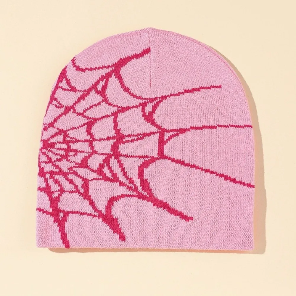 Y2K Soft Spider Web Pattern Beanie Caps Stretch Street Punk Pullover Hat Warm Multiple Colors Cuffed Knitted Hat Vintage Style