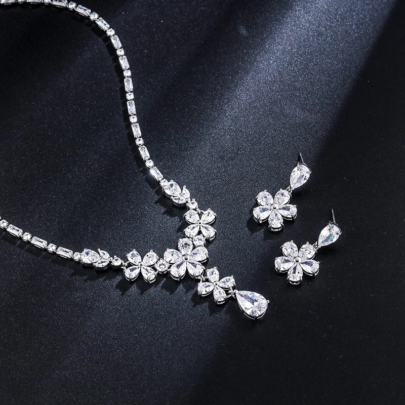 WEIMANJINGDIAN Brand New Arrival Rhodium Silver Plated Flowers Cubic Zirconia Crystal Wedding Bridal Jewelry Set