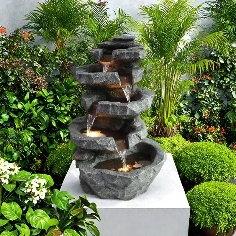 

【Popular】Resin Desktop Indoor Waterfall Fountain Home Decor Tabletop LED Light with Stacked Rocks Artificial Style Waterfall Gar