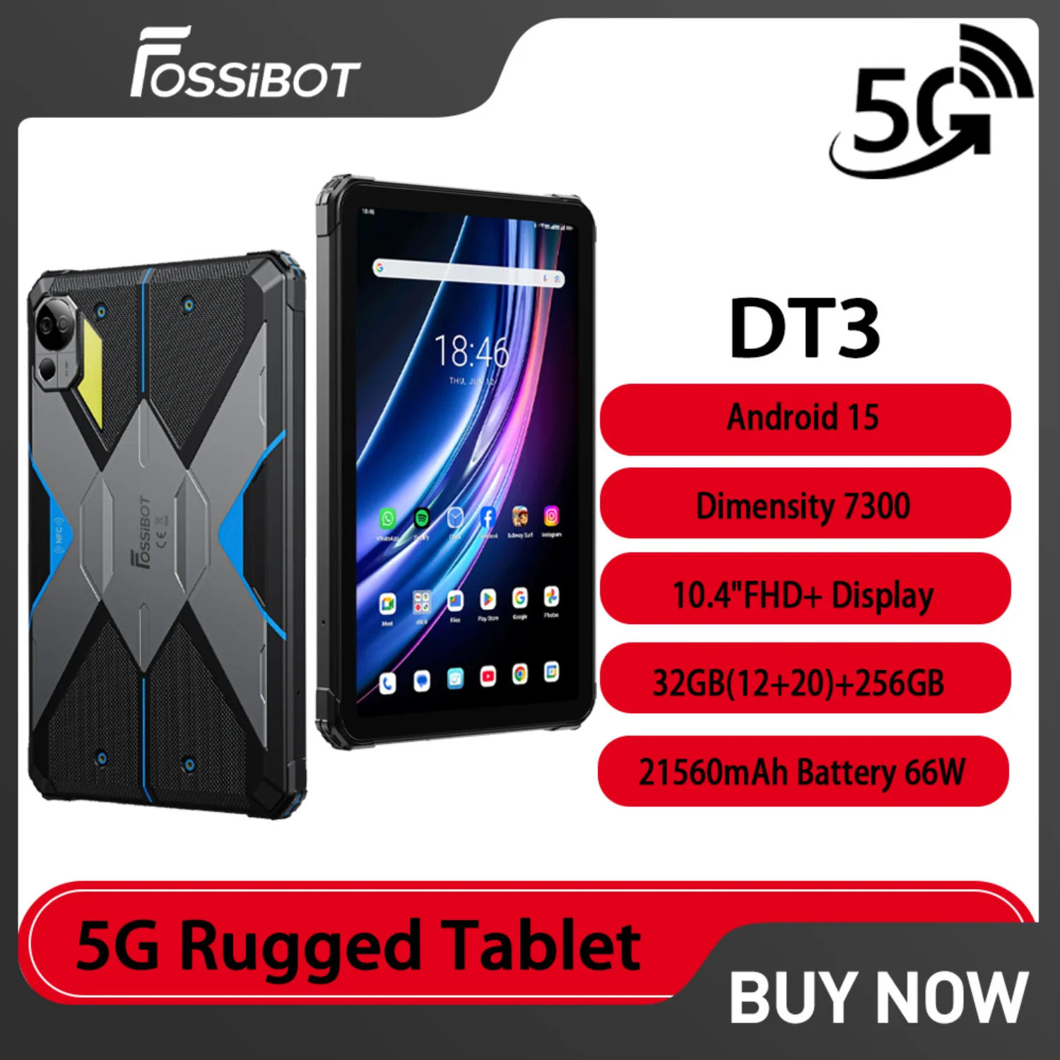 FOSSiBOT DT3 Rugged Tablet 10.4“ 12GB+256GB Dimensity 7300 5G 64MP AI Camera 21560mAh Battery 66W Charging WIFI6 Android 15 NFC