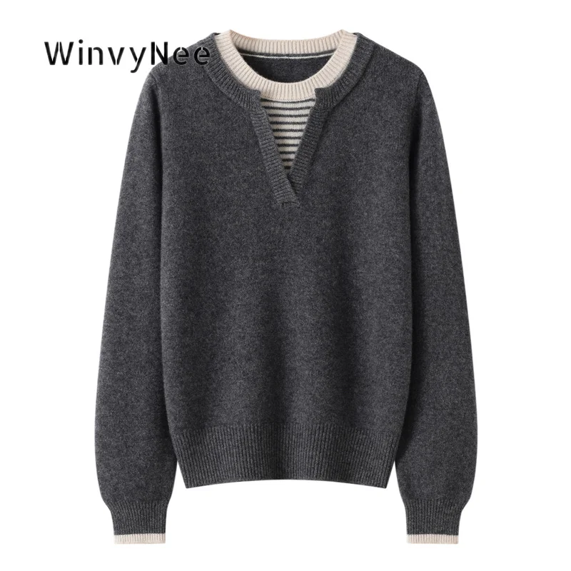 WinvyNee Women Plush Fake Two Piece Sweater 100% Wool Cutout Neck Long Sleeve Knit Top Autumn Winter Soft Smooth Basic A1523090A