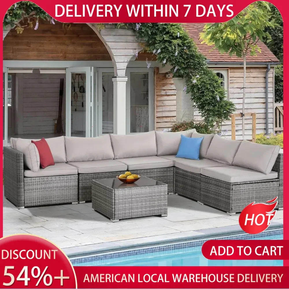 Patio Outdoor Furniture Set 7 Pieces Rattan Wicker Sectional Sofa Couch Conversation Set with Table for Deck Lawn,Wicker&Cushion