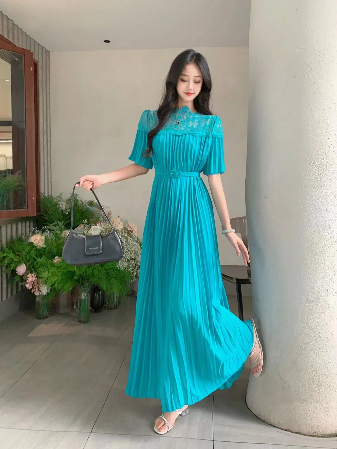 2024 New Summer Women Short Sleeve Belt Slim Long Dress High Quality Fashion Lace Patchwork Solid Color Pleated Chiffon Dress