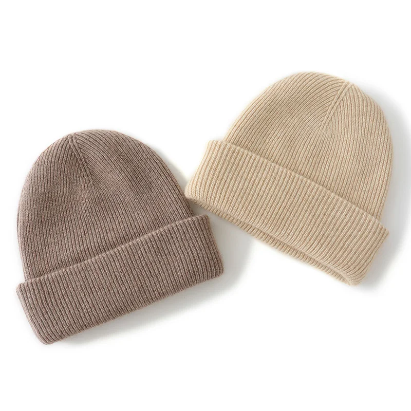 LDZWSM Solid Color Double Layer Thickened Beanie Pure Cashmere Wool Hat Women's Winter Warm Knitted Hats Men CapsI3034068