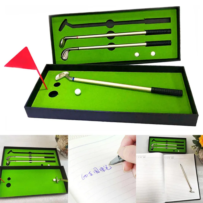 1 Set Golf-Stift-Set: Desktop-Golf-Geschenk mit Mini-Green-Driving-Range, Metall-Golfschläger-Stiften, Bällen und Flagge