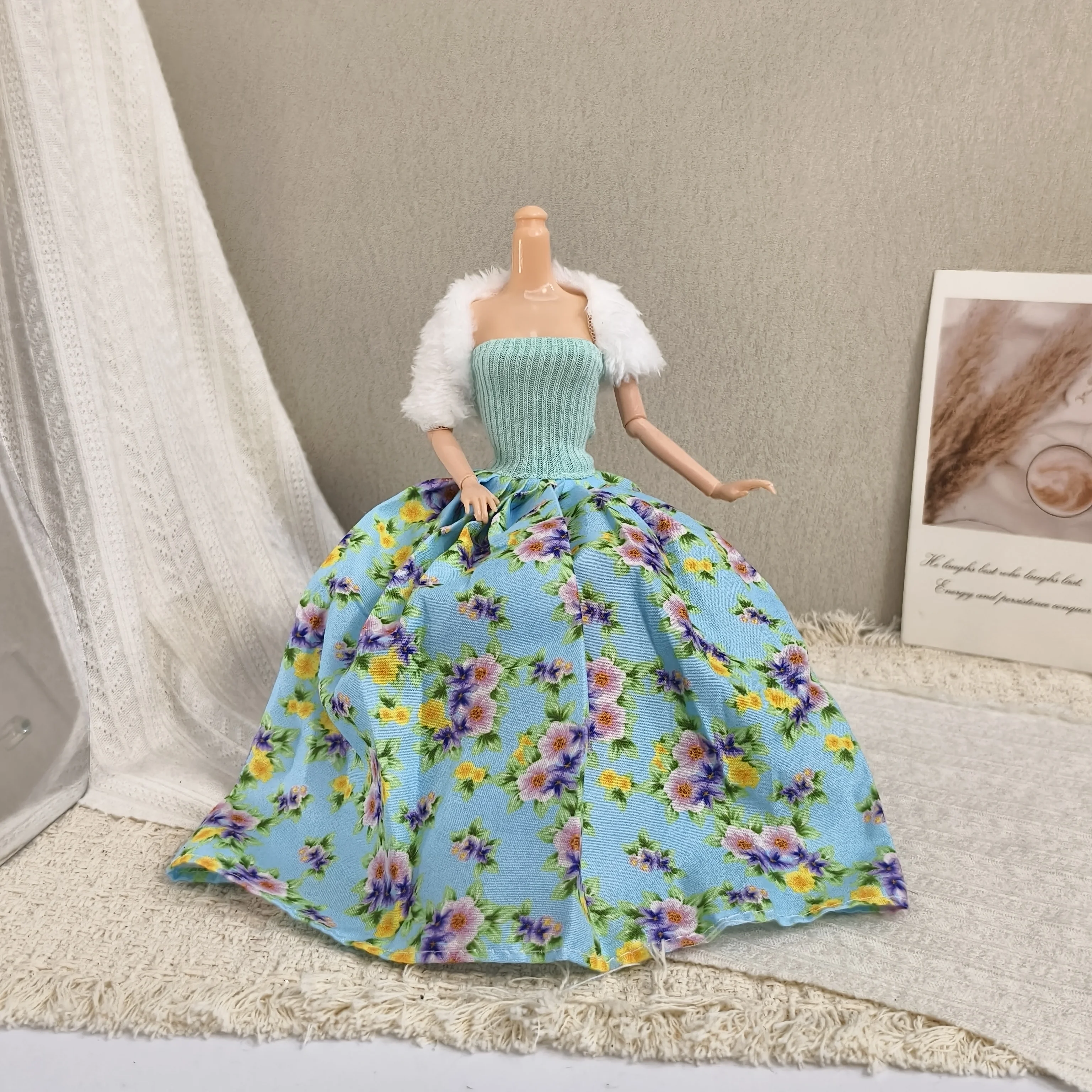 Small Fresh Style Knitted Off-the-shoulder Floral Dress+Plush Shawl Set For 1/6 FR Babi Supermodel Doll 30cm Doll Clothes Parts