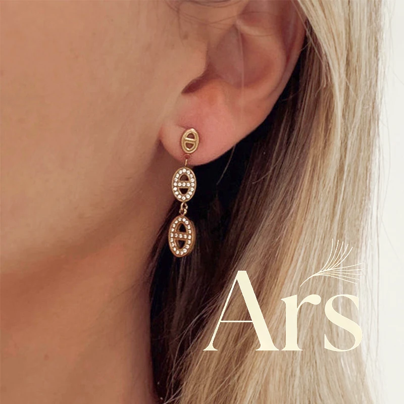 Ars Stainless Steel Triple Pig Nose Drop Earrings for Women 18k Gold Plated Link Earring with Zircon Statement Dangle Earrings
