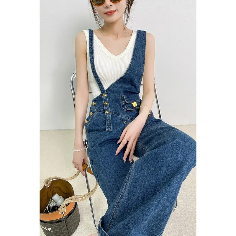 

Small Waist Bag Denim Suspender Pants for Women Summer 2024 New Sle All-Match Wide-Leg Mop Pants