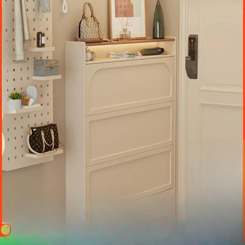 Cream wind solid wood ultra-thin tipping bucket shoe cabinet 17cm extremely narrow household entrance small apartment