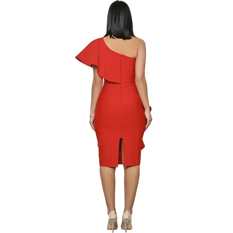 GUWU Ruches Splicing Een Schouder Skew Hals Bodycon Vrouwen Jurk Sexy Party Clubwear Bandage Midi Knielengte Jurken