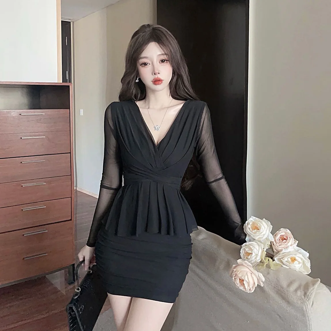 Sexy v-ne longo sve cintura-cinch bodycon ort dr feminino novo sle outono faion única camada de base saia