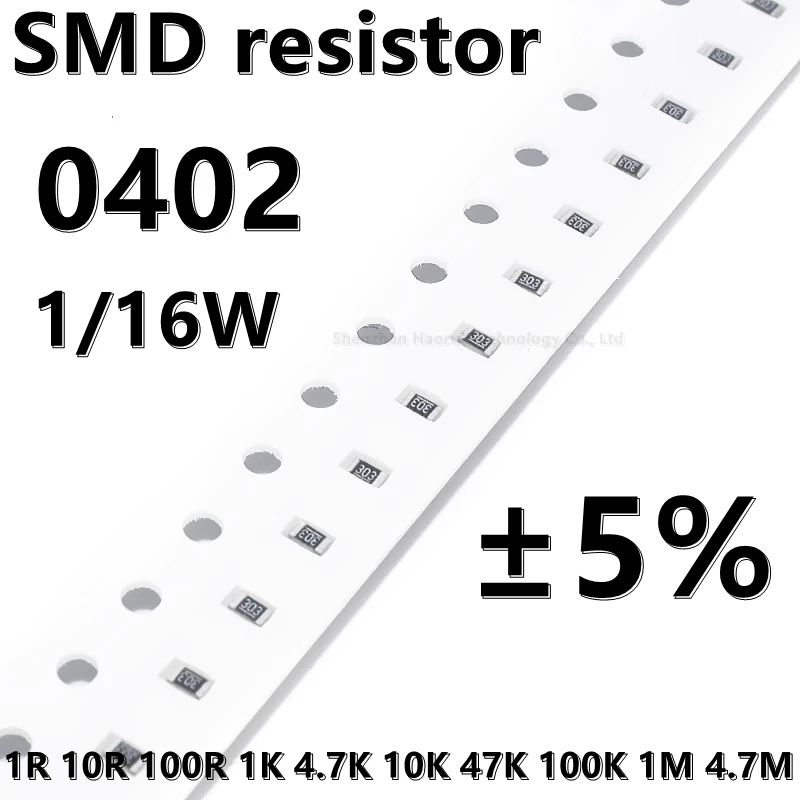 (100pcs) 0402 SMD resistor 5% 1R 10R 100R 2.2R 4.7R 47R 470R 22R 220R 1K 4.7K 10K 47K 100K 1M 4.7M 2.2m 1/16W