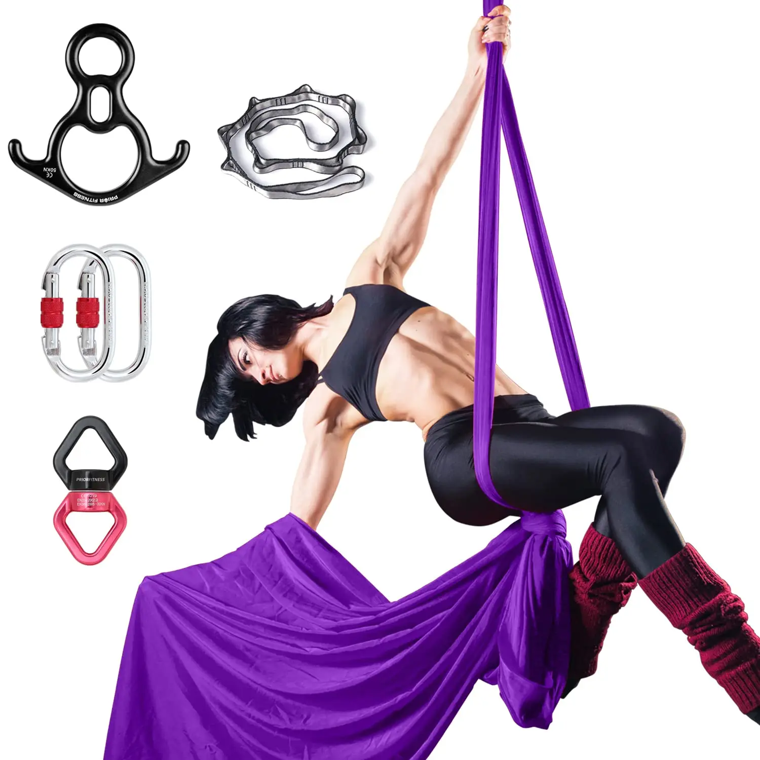 

PRIOR FITNESS 20 Yards 18.3m Aerial Silks Kit Aerial Yoga Hammock Set with Hardware for Acrobatic Flying For Adults Low-stretch