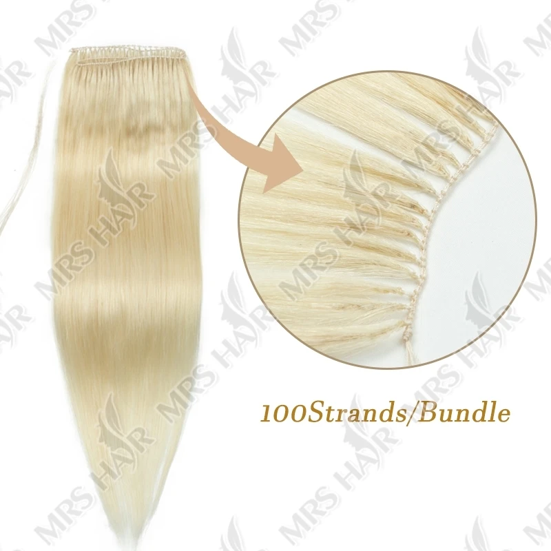 Estensioni dei capelli con piume invisibili Fasci di capelli con punta di piume Capelli umani biondi lisci Cuci nella trama dei capelli Microring 40 cm 100 fili