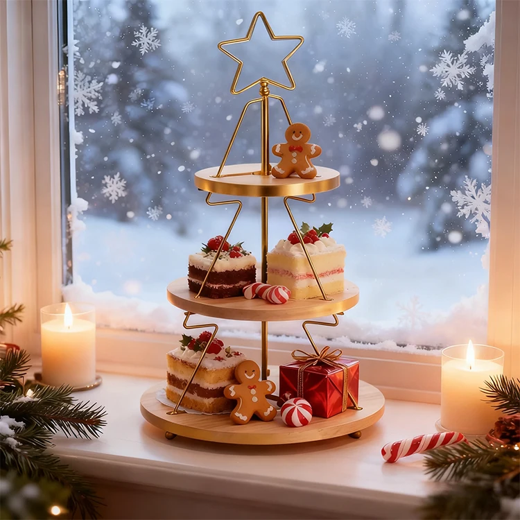 

DaS Light Luxury Premium Three Tiers Cupcake Stand Christmas Tree Shape Cake Stand Snack Stand with Bamboo Tray
