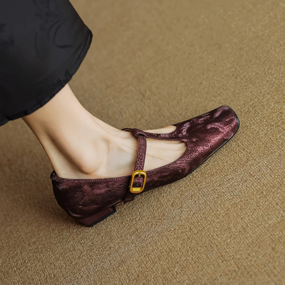 Basic Shoes On Heel Chinese Style Women Retro Mary Jane T-Strap Cowhide Elegant Buckle Shoes Spring Atumn Simple Pumps