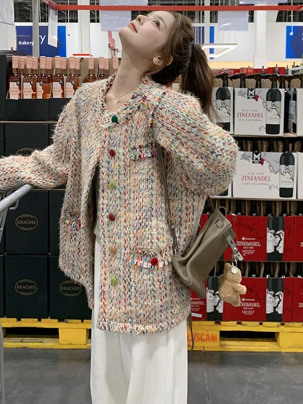 

Вязаный твидовый джет, женская верхняя одежда Sweet Sle ort, осень 2024, модные трендовые пуговицы, полиэфирное волокно