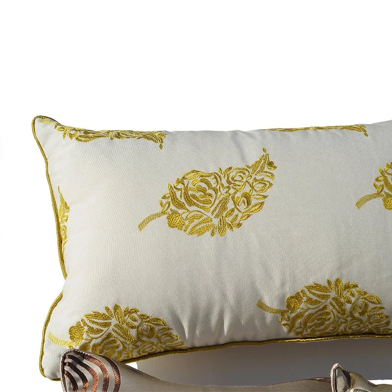 30x50cm Satin Yellow Floral/ Leaf Embroidered Lumbar Pillow Cover Gold Coffee Arch Pattern Rectangular Waist Cushion Cover