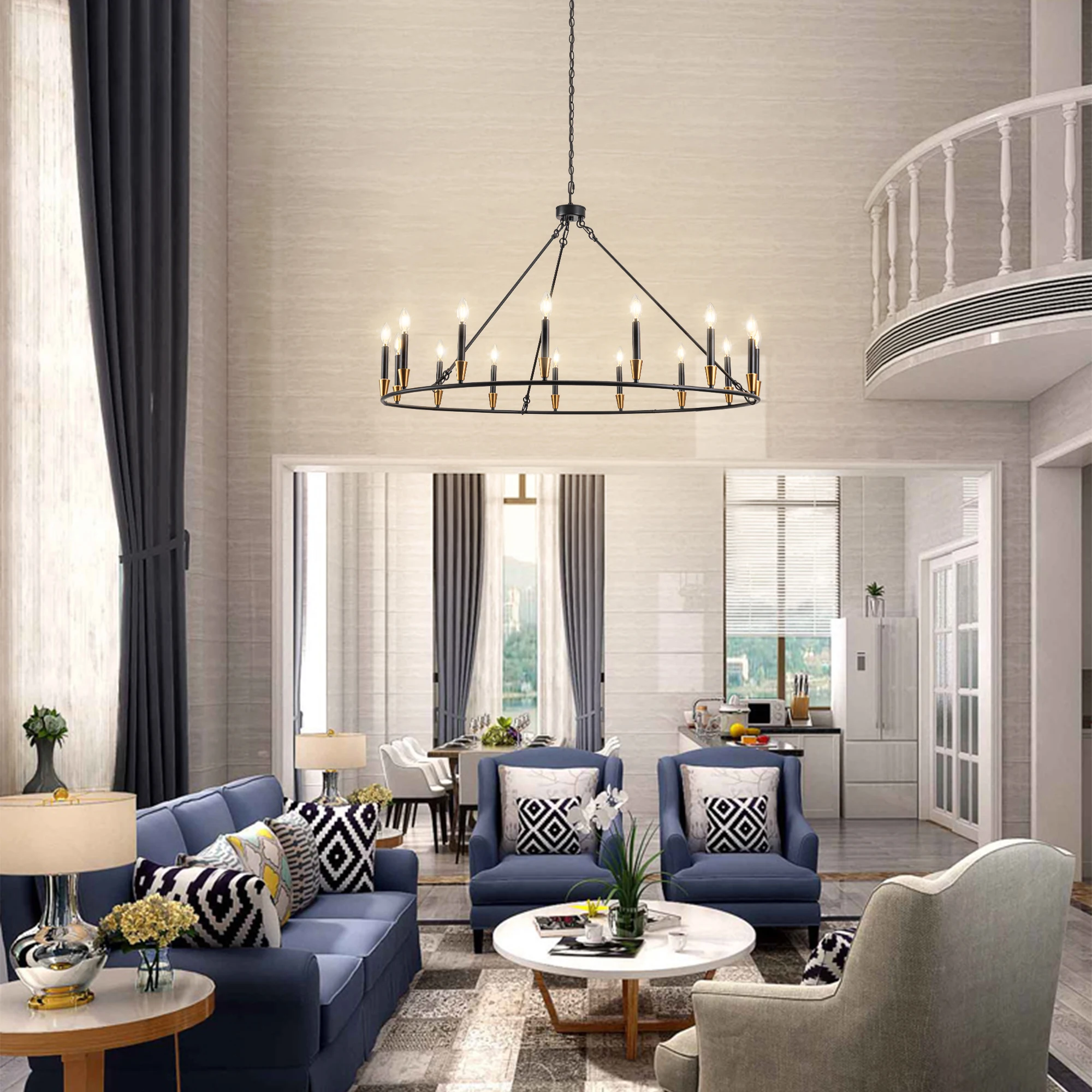 15-Lights Wagon Wheel Chandelier Black Chandelier Modern Farmhouse Chandelier Extra Large Chandelier Restaurant Living Room Foyer Chandelier Entryway Chandelier Candelabra Chandelier