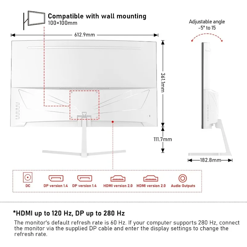 شاشة كمبيوتر شخصي 27 بوصة، شاشات ألعاب منحنية 1800R 280 هرتز، FHD 1080p 1 مللي ثانية، Freesync، 98% sRGB، 178 °   زاوية عرض HDMI2.0، شاشة عرض