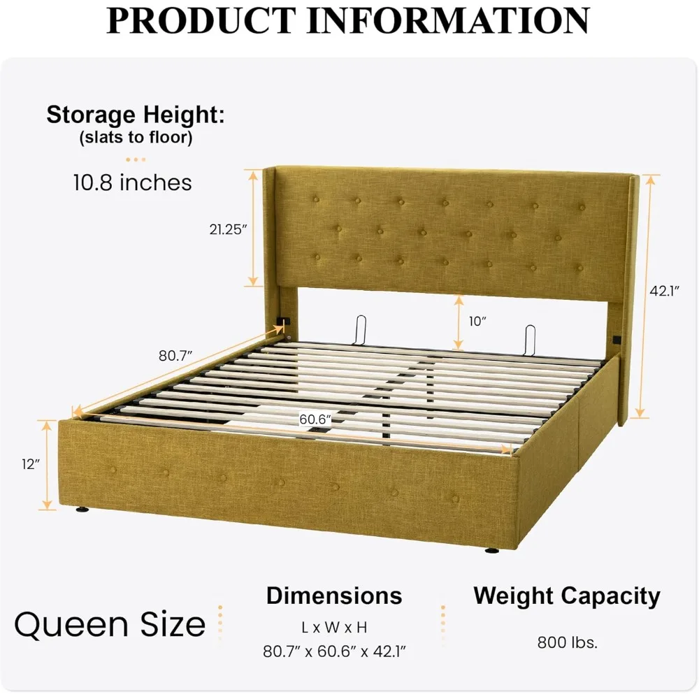 Queen Lift Up Storage Bed, Velvet Upholstered/Modern Wingback Headboard/No Box Spring Needed,Upholstered Platform Bed Frame