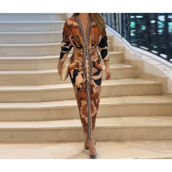 

Bodycon Dress for Women V-neck Ruched Stacked Midi Skirt New 2025 Full Sleeve Print Night Club Party Bandage Dresses Vestidos