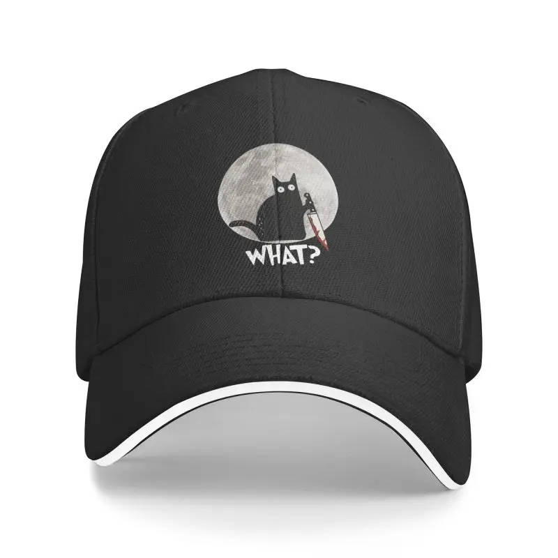 

Punk What Cat Full Moon Baseball Cap Adult Funny Halloween Black Murderous Cat With Knife Adjustable Dad Hat for Men Women