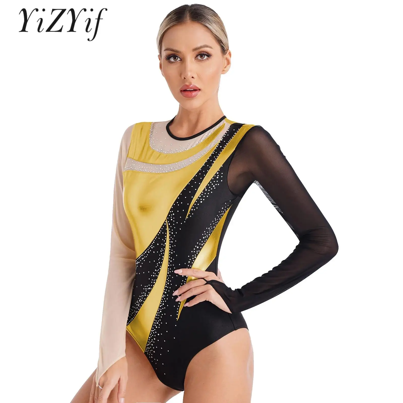 

Women Rhythmic Gymnastics Leotard Shiny Rhinestone Ballet Jersey Figure Skating Stage Costume Bronzing Mesh Patchwork Jumpsuit